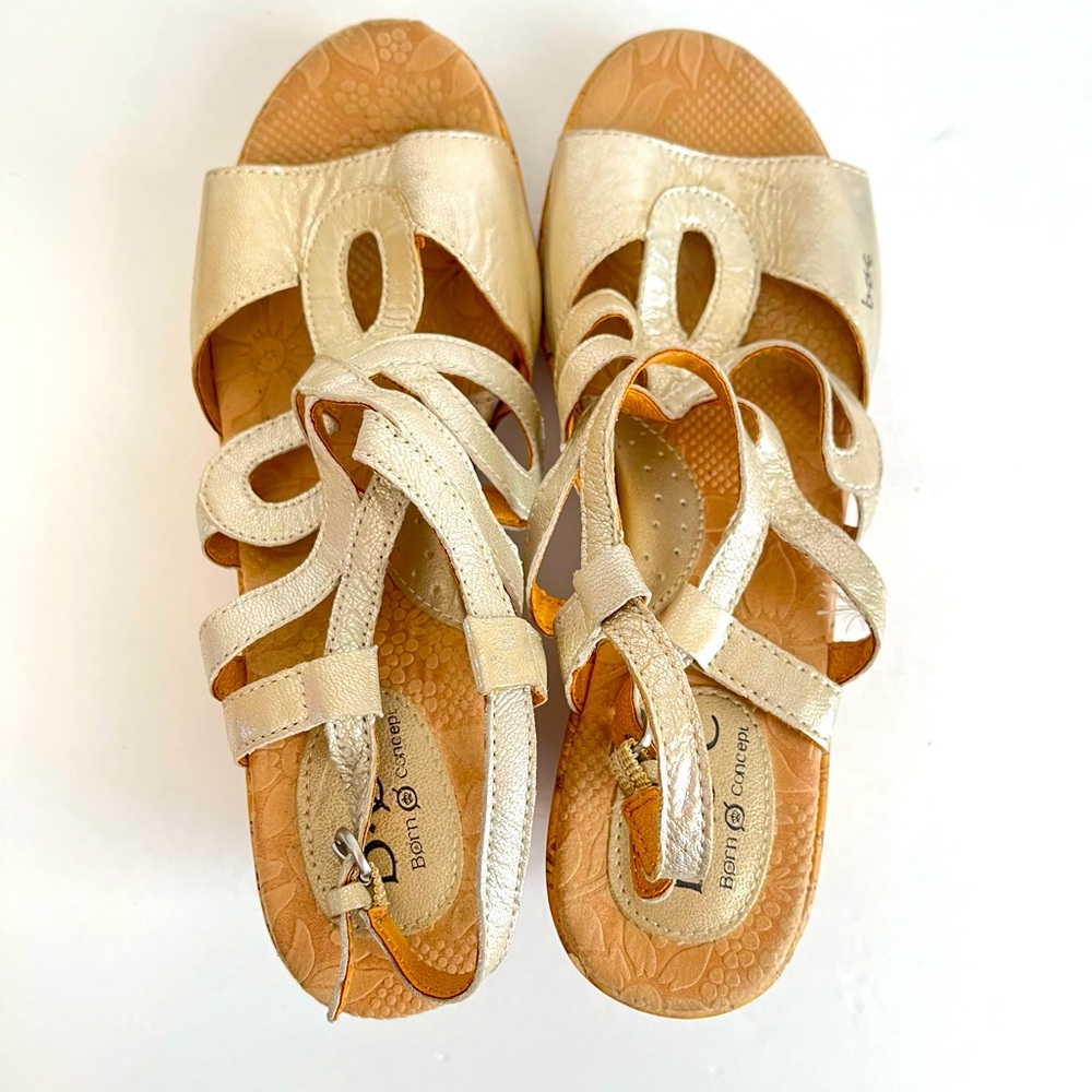 B.O.C. Gold Jayna Cork Wedge Platform Leather Sandals Boho Sz 8